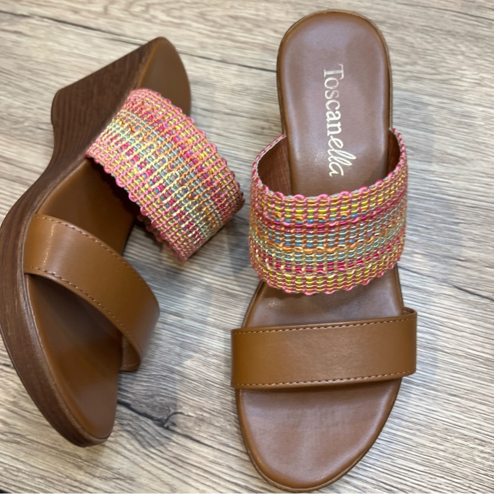 Toscanella Women's Tan and Multicolor Wedge Sandals Made in Italy